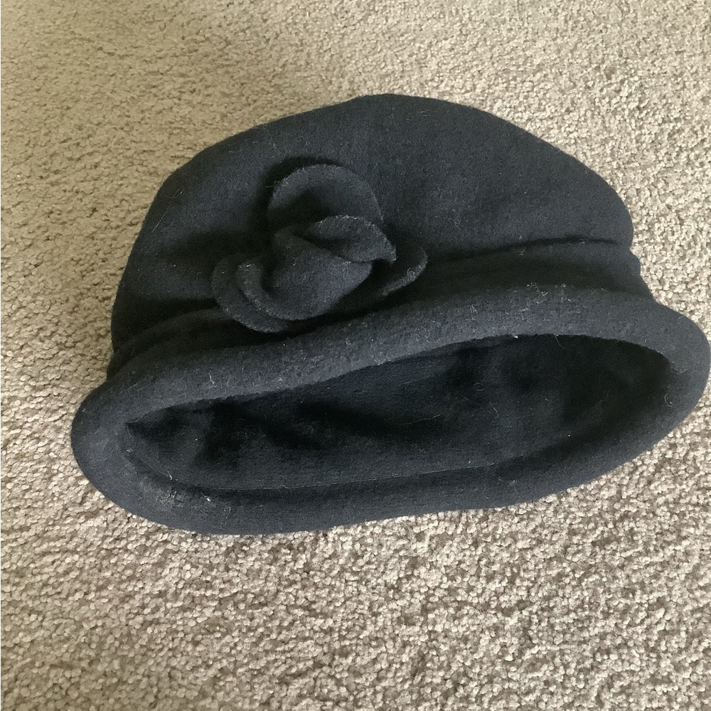 Barney’s New York Black Wool Cloche Hat with Rose